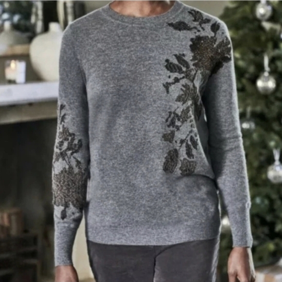 Pure Collection Women's 100% Cashmere Boyfriend Floral Jumper Sweater Gray Sz XL - Picture 1 of 10